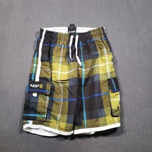 B.Split Board Shorts Mens M Green Plaid Cargo Swim Trunks Mesh Lined